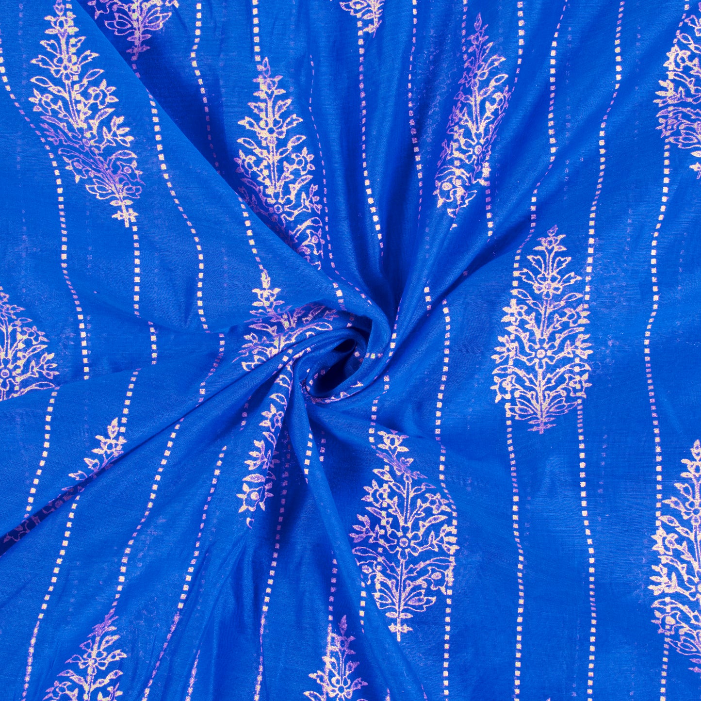 Royal Blue Stripes Pattern Foil Print Zari Borderd Chanderi Fabric - Fabcurate