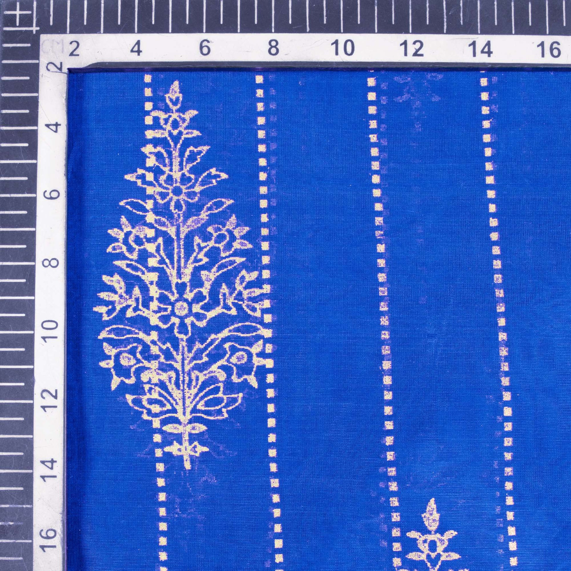 Royal Blue Stripes Pattern Foil Print Zari Borderd Chanderi Fabric - Fabcurate