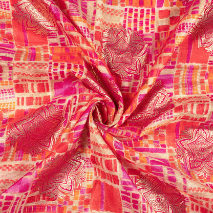 Orange And Pink Ethnic Pattern Foil Print Kota Doria Fabric - Fabcurate