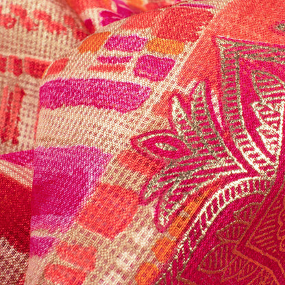 Orange And Pink Ethnic Pattern Foil Print Kota Doria Fabric - Fabcurate