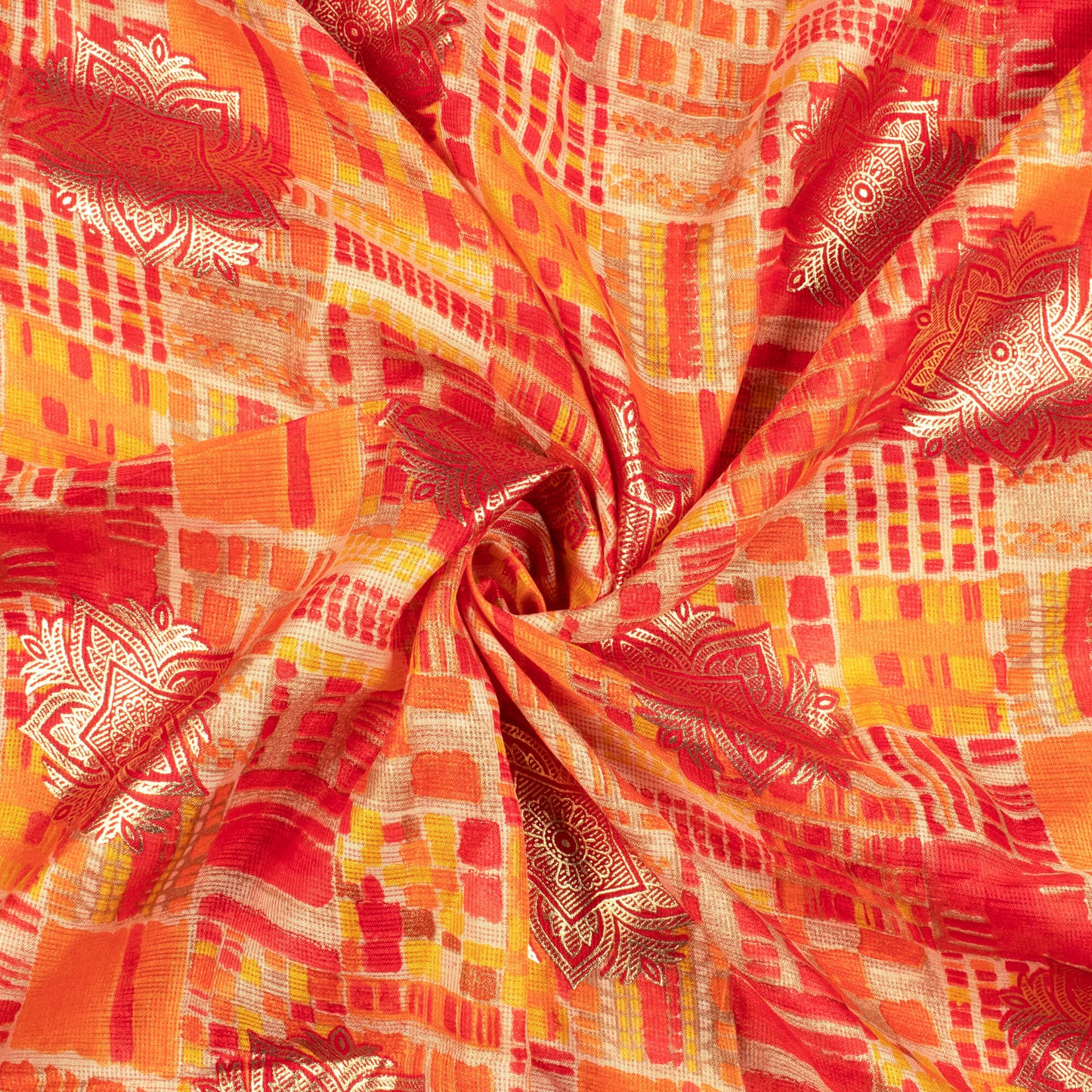 Red And Orange Ethnic Pattern Foil Print Kota Doria Fabric - Fabcurate