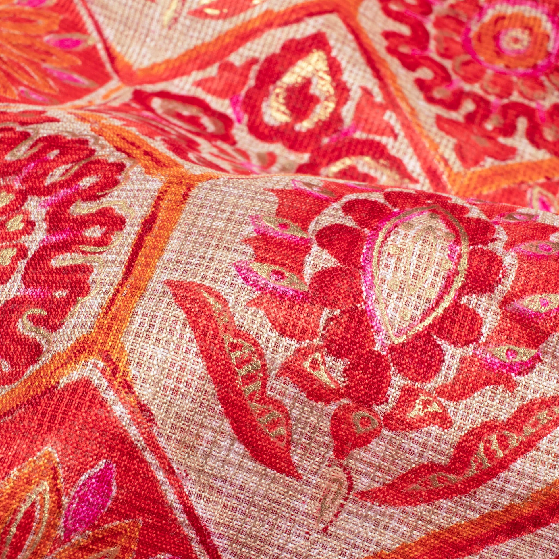 Orange And Off White Traditional Pattern Foil Print Kota Doria Fabric - Fabcurate