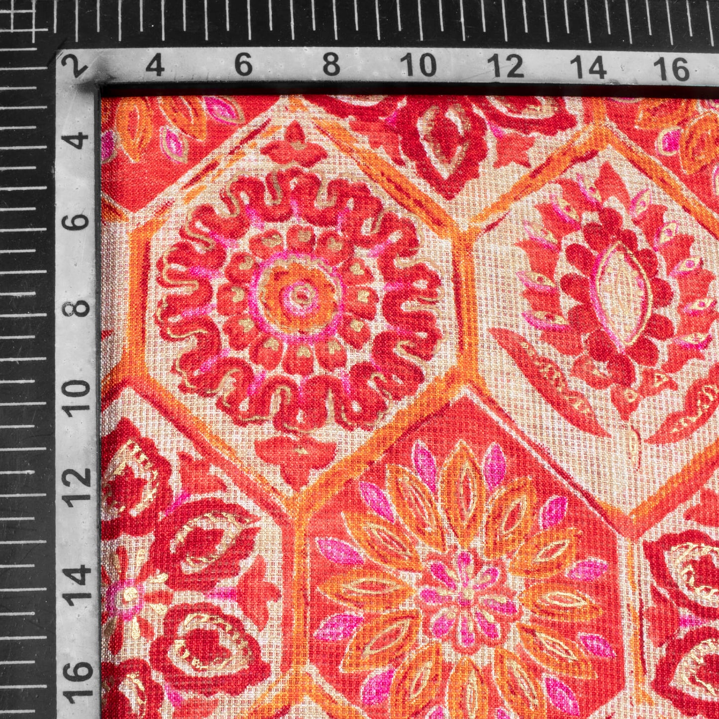 Orange And Off White Traditional Pattern Foil Print Kota Doria Fabric - Fabcurate