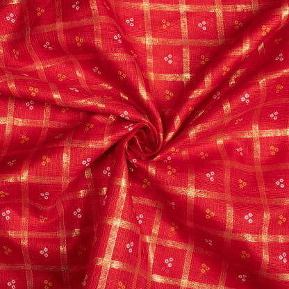 Blood Red And Yellow Bandhani Pattern Foil Print Kota Doria Fabric