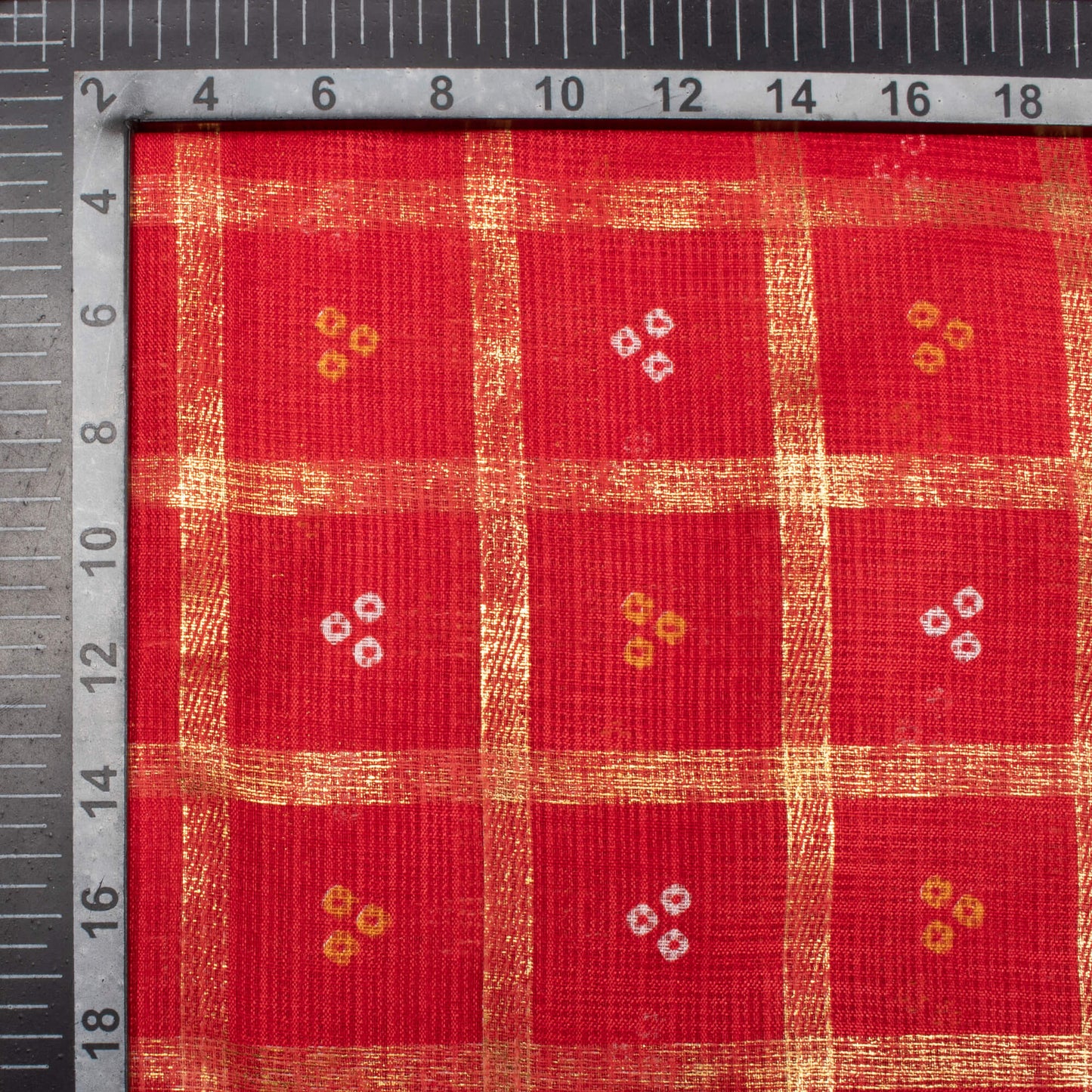 Blood Red And Yellow Bandhani Pattern Foil Print Kota Doria Fabric