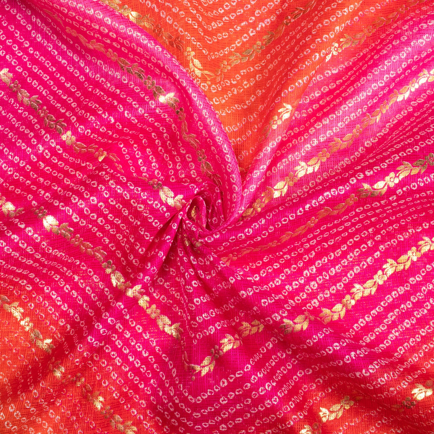 Magenta Pink And Fire Orange Bandhani Pattern Foil Print Kota Doria Fabric