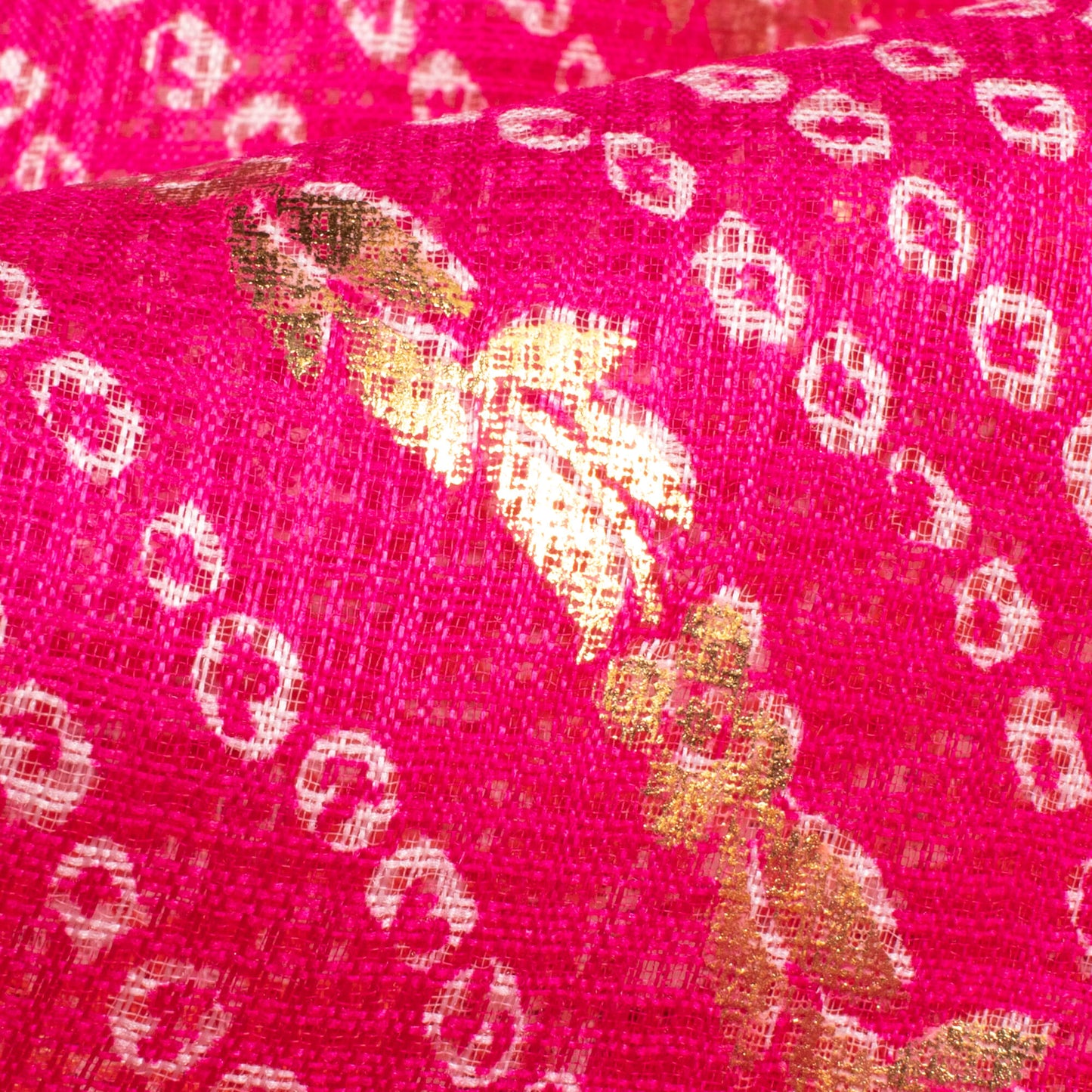 Magenta Pink And Fire Orange Bandhani Pattern Foil Print Kota Doria Fabric