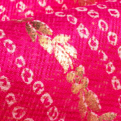Magenta Pink And Fire Orange Bandhani Pattern Foil Print Kota Doria Fabric