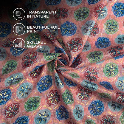 Dusty Pink And Space Blue Traditional Pattern Foil Print Kota Doria Fabric