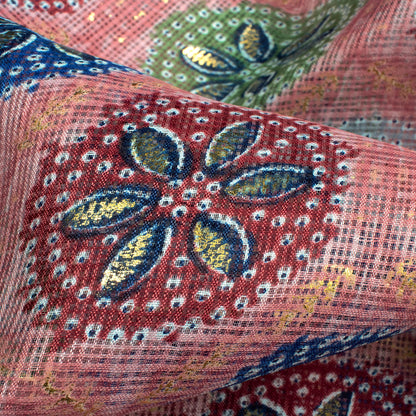 Dusty Pink And Space Blue Traditional Pattern Foil Print Kota Doria Fabric