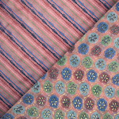 Dusty Pink And Space Blue Traditional Pattern Foil Print Kota Doria Fabric