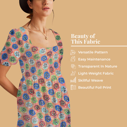 Dusty Pink And Space Blue Traditional Pattern Foil Print Kota Doria Fabric