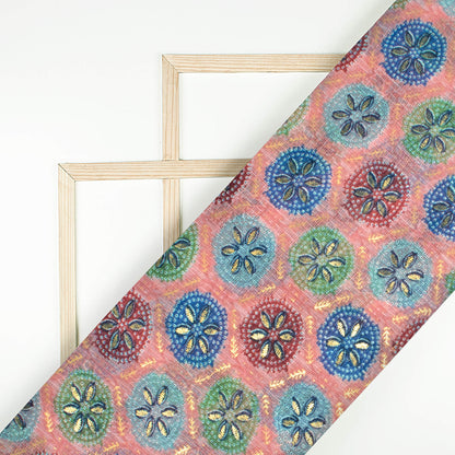 Dusty Pink And Space Blue Traditional Pattern Foil Print Kota Doria Fabric