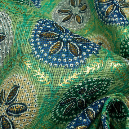 Middle Green And Space Blue Traditional Pattern Foil Print Kota Doria Fabric
