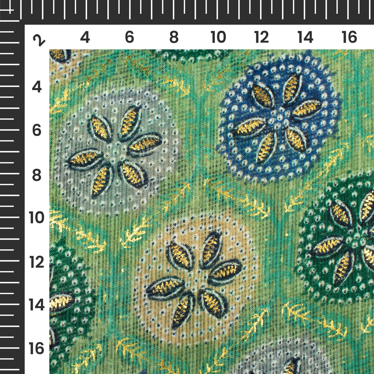 Middle Green And Space Blue Traditional Pattern Foil Print Kota Doria Fabric