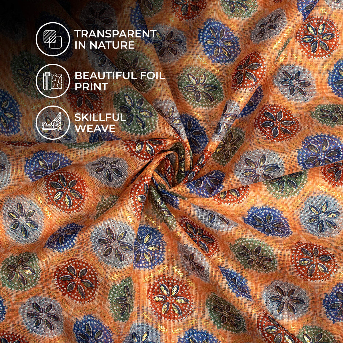 Light Orange And Space Blue Traditional Pattern Foil Print Kota Doria Fabric