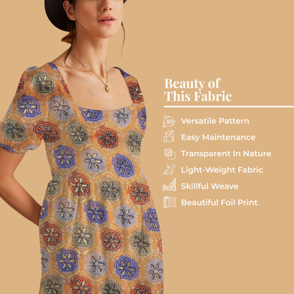 Light Orange And Space Blue Traditional Pattern Foil Print Kota Doria Fabric