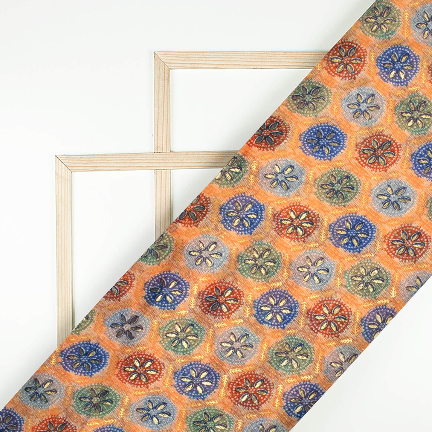 Light Orange And Space Blue Traditional Pattern Foil Print Kota Doria Fabric
