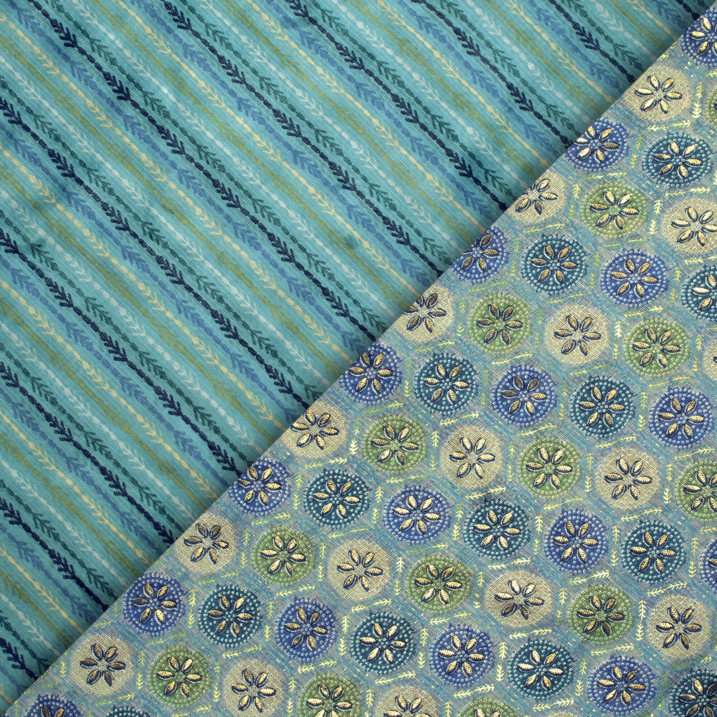 Pastel Blue And Green Traditional Pattern Foil Print Kota Doria Fabric
