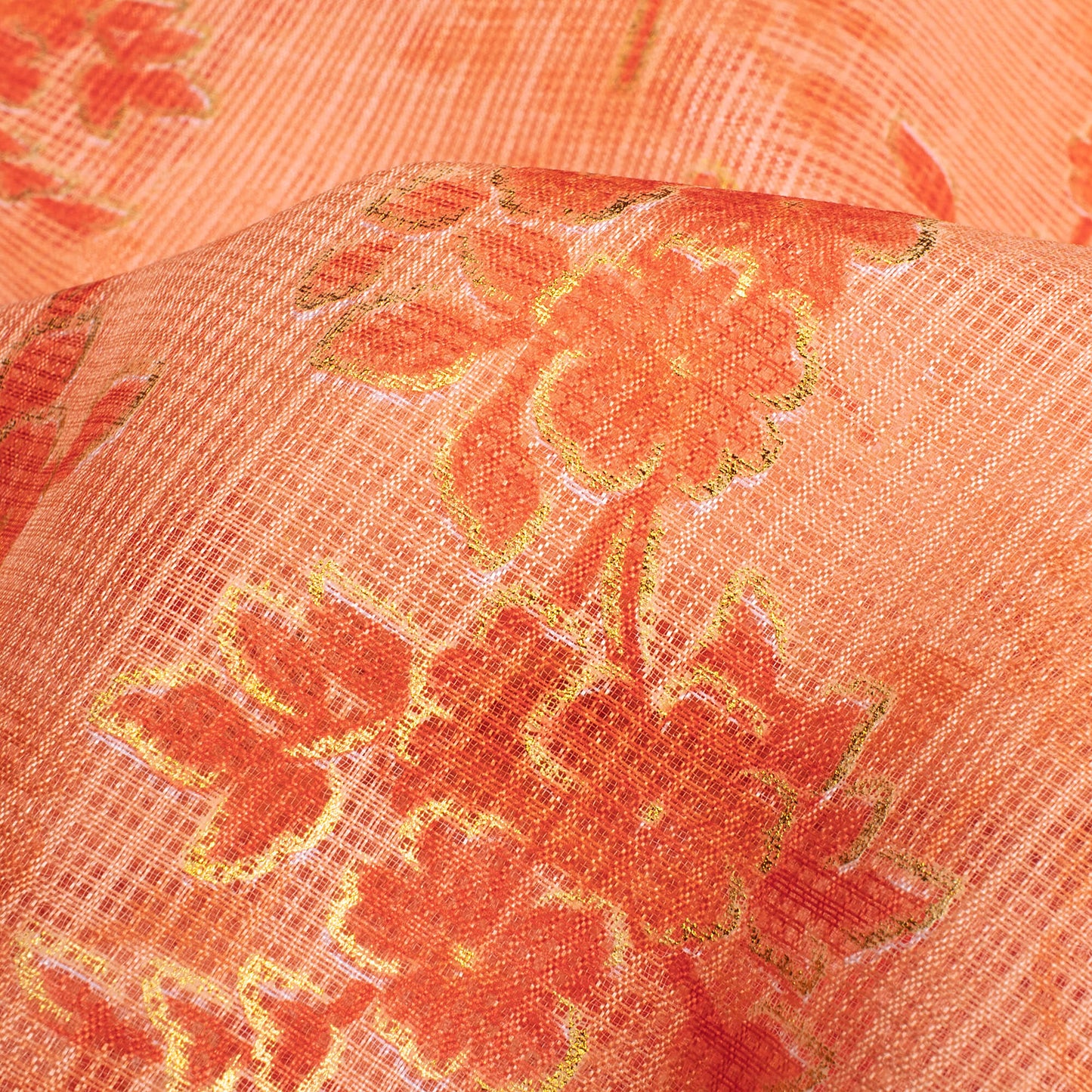 Salmon Orange Floral Pattern Foil Print Kota Doria Fabric