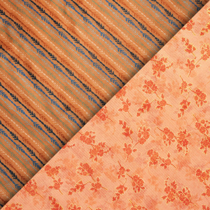 Salmon Orange Floral Pattern Foil Print Kota Doria Fabric