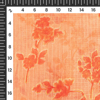 Salmon Orange Floral Pattern Foil Print Kota Doria Fabric