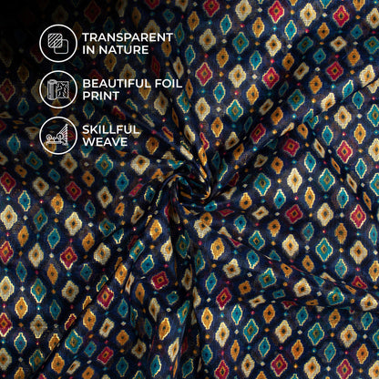 Space Blue And Dijon Yellow Abstract Pattern Foil Print Kota Doria Fabric