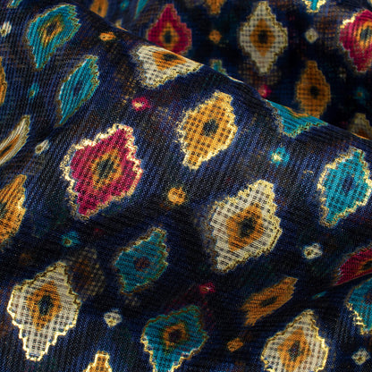 Space Blue And Dijon Yellow Abstract Pattern Foil Print Kota Doria Fabric