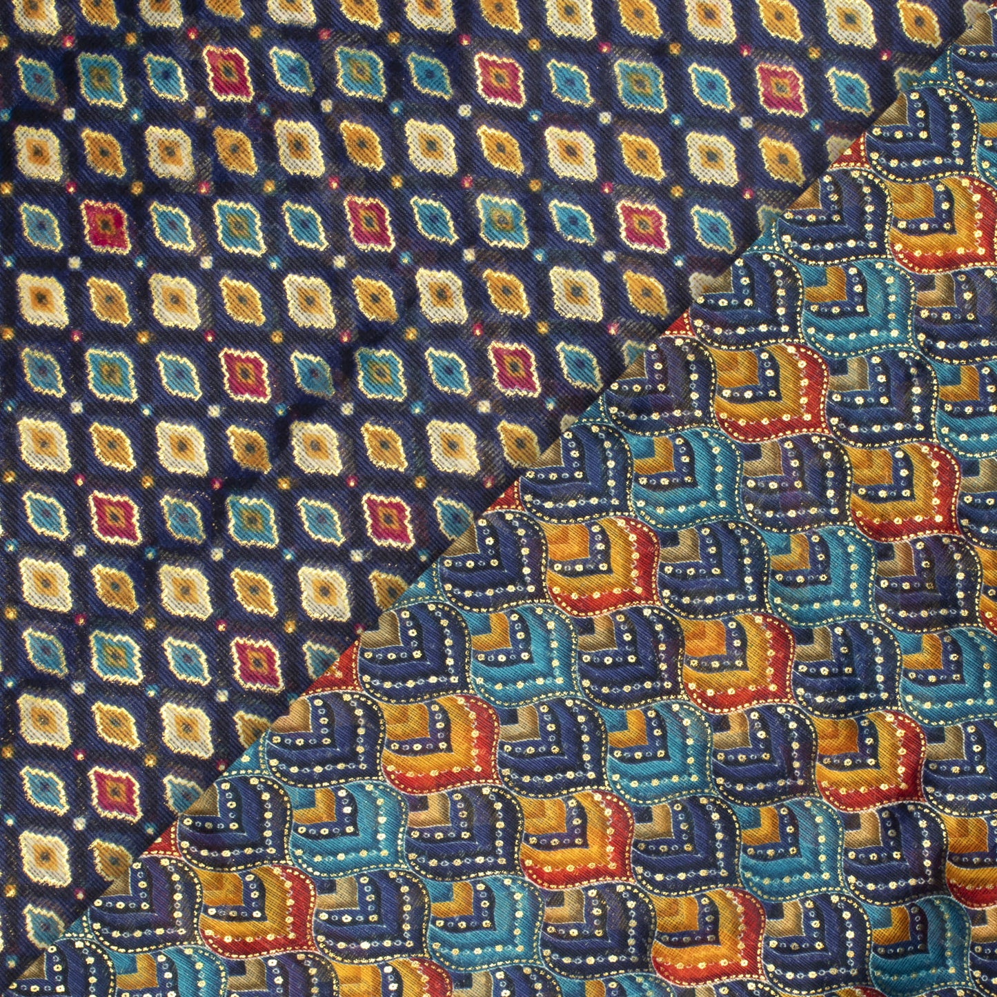 Space Blue And Dijon Yellow Abstract Pattern Foil Print Kota Doria Fabric