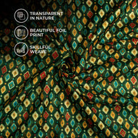 Forest Green And Dijon Yellow Abstract Pattern Foil Print Kota Doria Fabric