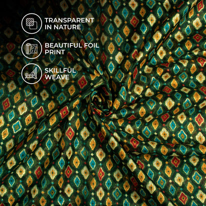 Forest Green And Dijon Yellow Abstract Pattern Foil Print Kota Doria Fabric