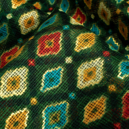 Forest Green And Dijon Yellow Abstract Pattern Foil Print Kota Doria Fabric