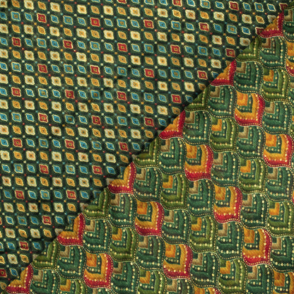 Forest Green And Dijon Yellow Abstract Pattern Foil Print Kota Doria Fabric