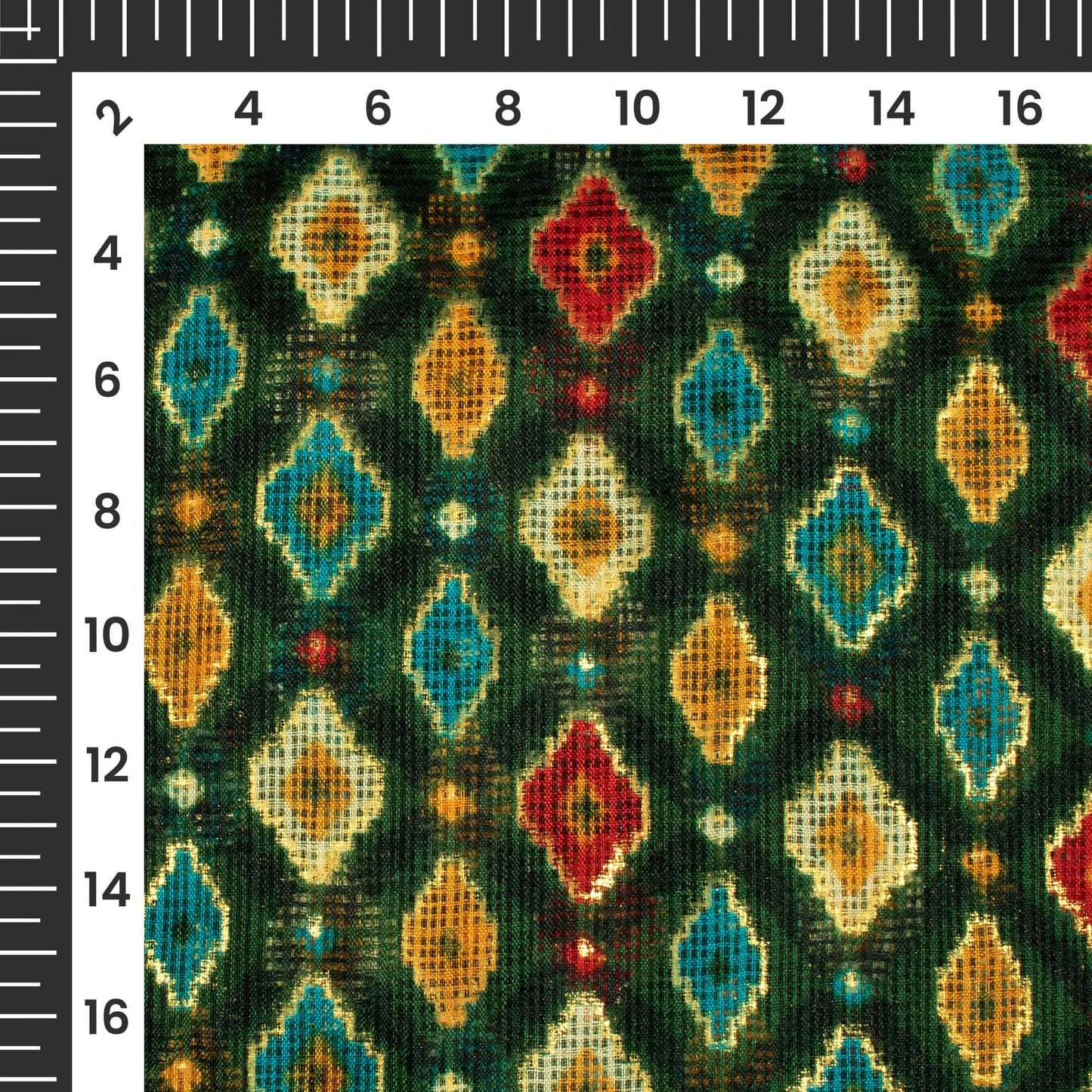 Forest Green And Dijon Yellow Abstract Pattern Foil Print Kota Doria Fabric