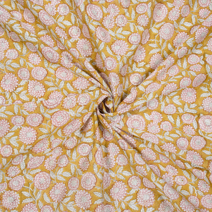 Mustard Yellow And Maroon Floral Pattern Handblock Pure Banarasi Chanderi Fabric