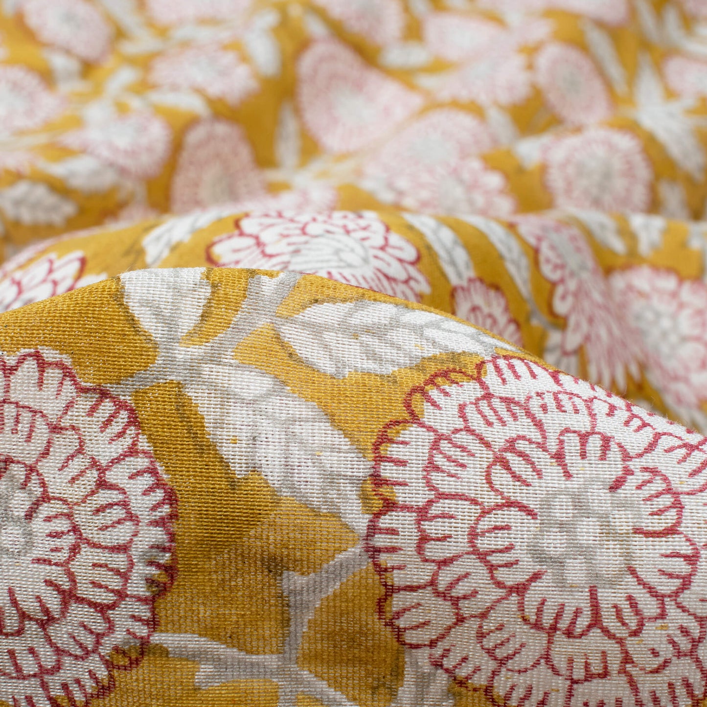 Mustard Yellow And Maroon Floral Pattern Handblock Pure Banarasi Chanderi Fabric