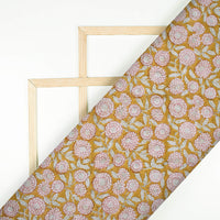 Mustard Yellow And Maroon Floral Pattern Handblock Pure Banarasi Chanderi Fabric
