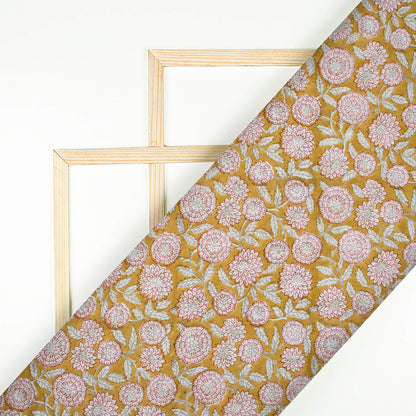 Mustard Yellow And Maroon Floral Pattern Handblock Pure Banarasi Chanderi Fabric
