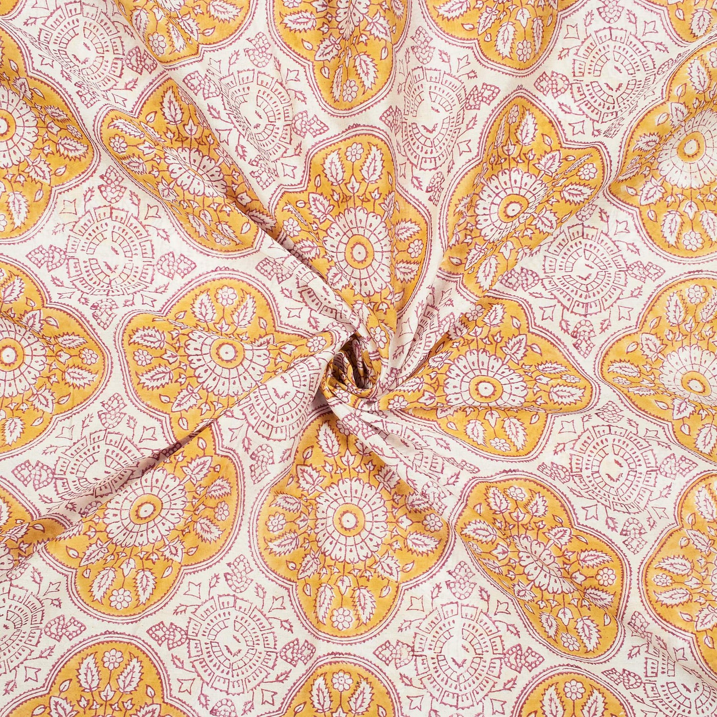 Mustard Yellow And Maroon Traditonal Pattern Handblock Pure Banarasi Chanderi Fabric