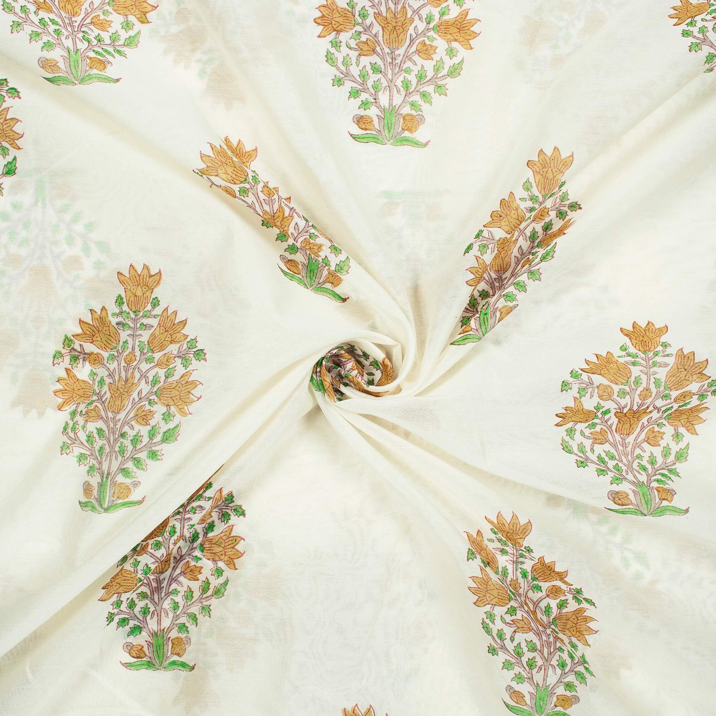 White And Tortilla Beige Floral Pattern Handblock Pure Banarasi Chanderi Fabric