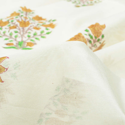 White And Tortilla Beige Floral Pattern Handblock Pure Banarasi Chanderi Fabric