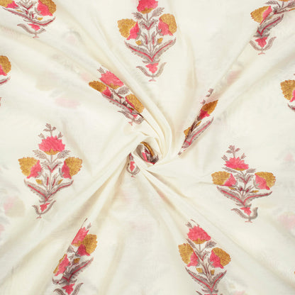 White And Tortilla Beige Floral Pattern Handblock Pure Banarasi Chanderi Fabric