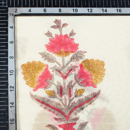 White And Tortilla Beige Floral Pattern Handblock Pure Banarasi Chanderi Fabric
