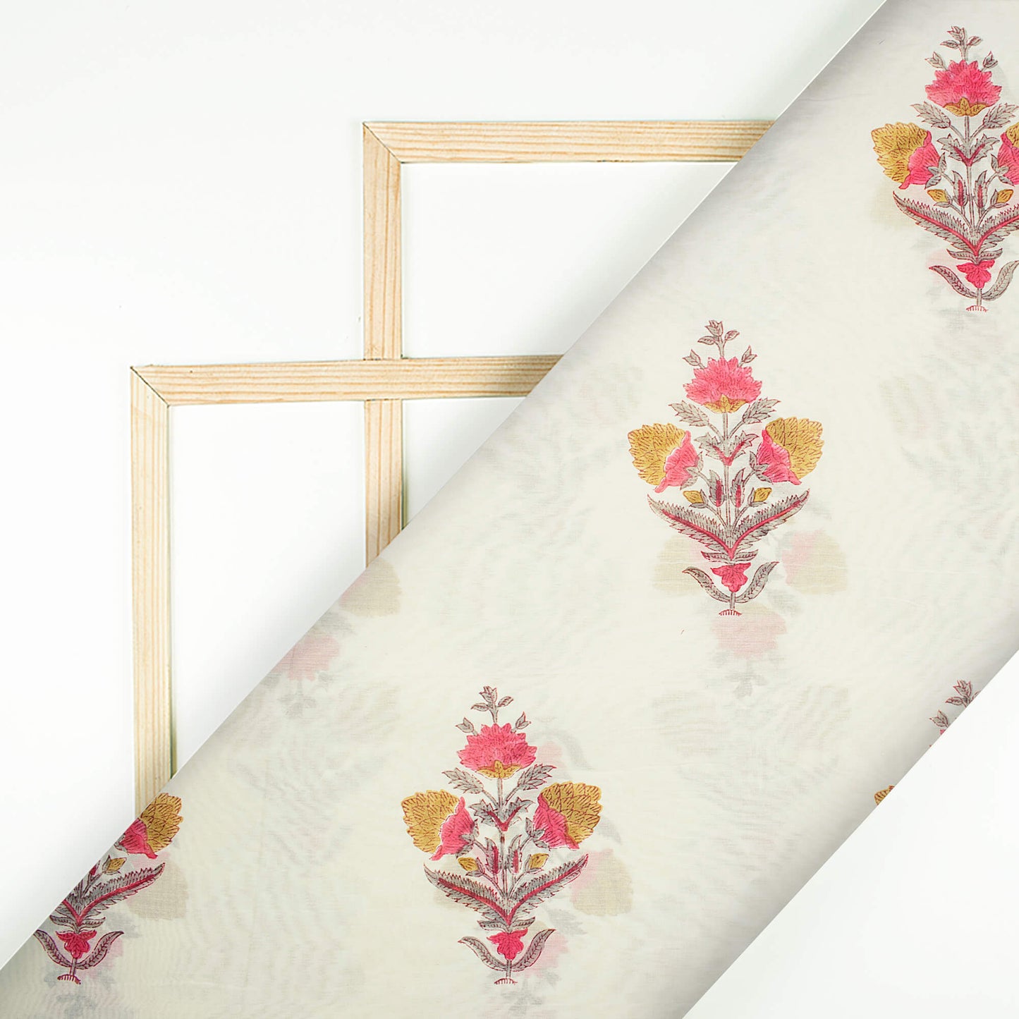 White And Tortilla Beige Floral Pattern Handblock Pure Banarasi Chanderi Fabric