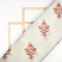 White And Tortilla Beige Floral Pattern Handblock Pure Banarasi Chanderi Fabric