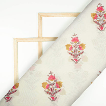 White And Tortilla Beige Floral Pattern Handblock Pure Banarasi Chanderi Fabric