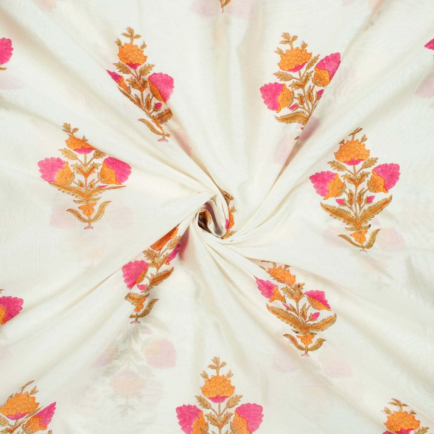 Off White And Marigold Yellow Floral Pattern Handblock Pure Banarasi Chanderi Fabric