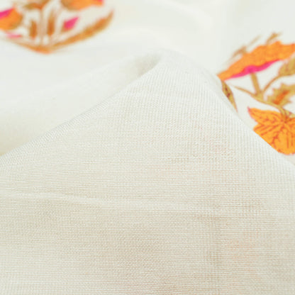 Off White And Marigold Yellow Floral Pattern Handblock Pure Banarasi Chanderi Fabric