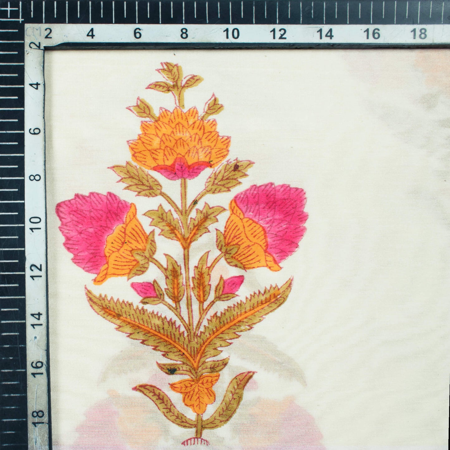 Off White And Marigold Yellow Floral Pattern Handblock Pure Banarasi Chanderi Fabric