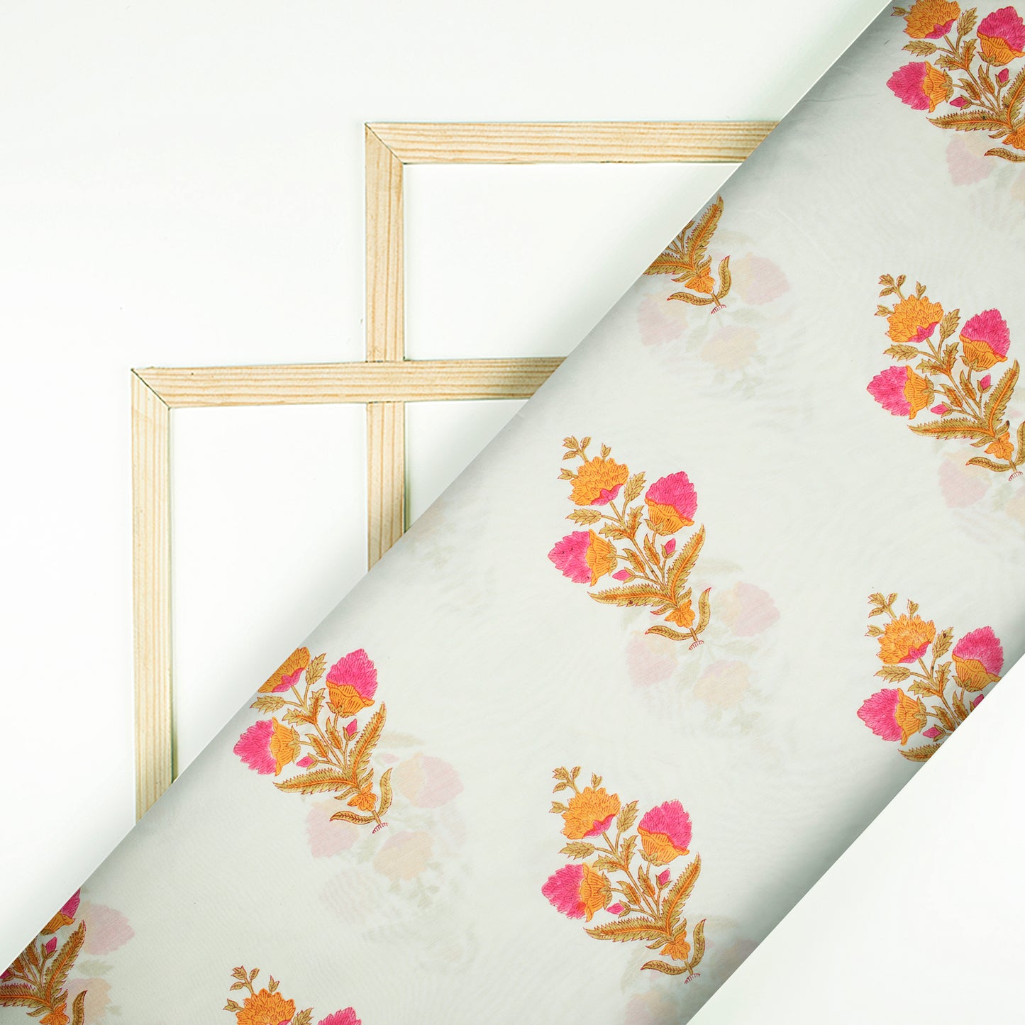 Off White And Marigold Yellow Floral Pattern Handblock Pure Banarasi Chanderi Fabric - Fabcurate